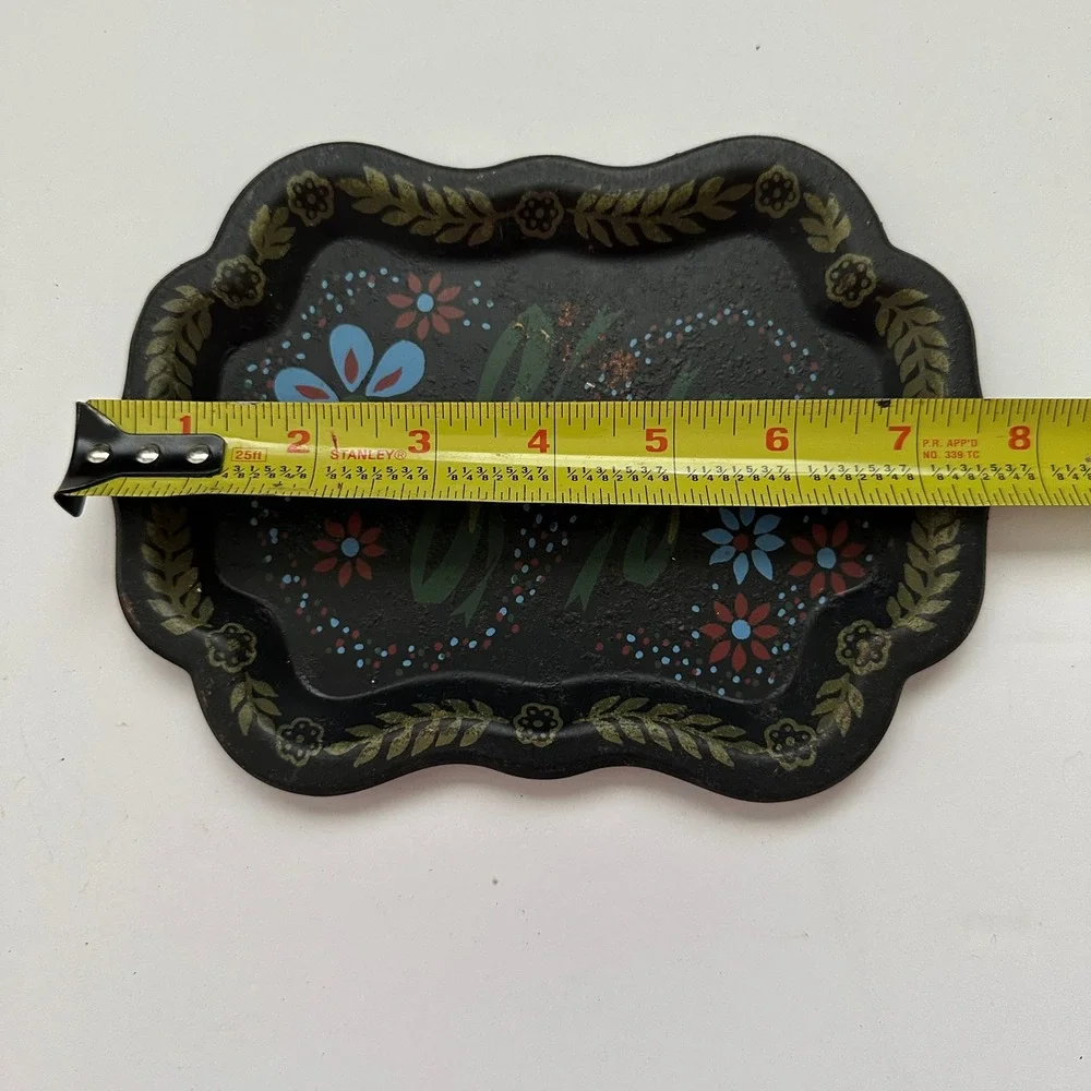 Vintage Set of 6 Mini Trays Toleware Floral  Black Red Rose Shabby Cottage Folk